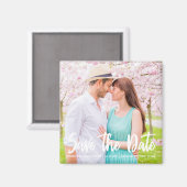 シックなホワイトスクリプト婚約フォト磁気カード マグネット (正面/裏面)