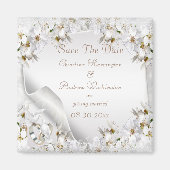 シックなホワイトドーブペイズリーレースセーブ日付 マグネット (正面)