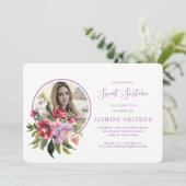 シックなホワイトパープルフローラをテーマにしたフォトスイート16 招待状 (スタンド正面)