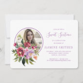 シックなホワイトパープルフローラをテーマにしたフォトスイート16 招待状 (正面)