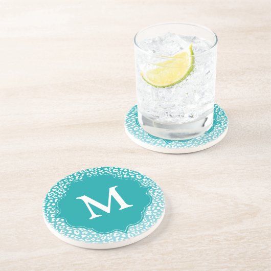 シックなホワイトヒョウのスポットオンターコイズモノグラム コースター (側面)