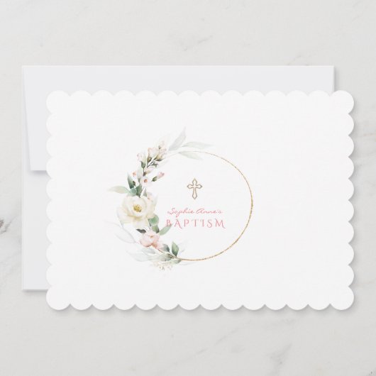 シックなホワイトピンクフローラ金ゴールドガールフォトバプテスマ 招待状 (裏面)