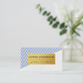 シックなホワイトブルーストライプ金ゴールドパタフェイクーン 名刺 (スタンド正面)