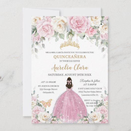 シックなホワイトベビーピンクローズフローラ金ゴールドキンセアニラ 招待状 (正面)