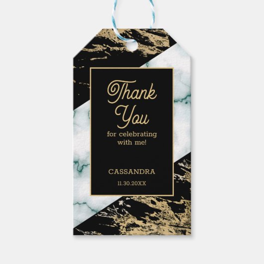 シックなホワイトマーブルゴールドフォイル絵を描テクスチャ誕生日 ギフトタグ (正面)
