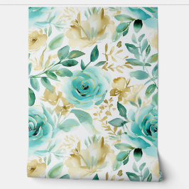 シックなホワイトミントグリーン金ゴールド花 壁紙