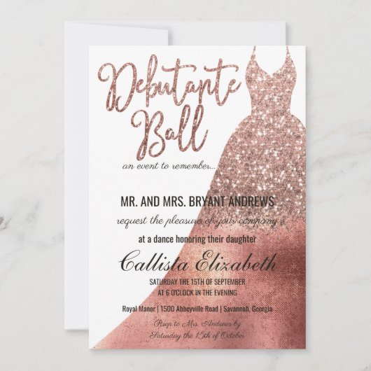 シックなホワイトローズ金ゴールドグリッタードレスデブタンテダンス 招待状 (正面)