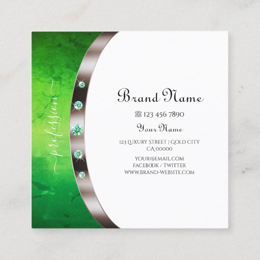 シックなホワイトローズ金ゴールドグリーンマーブルジュエルズモノグラム スクエア名刺 (裏面)