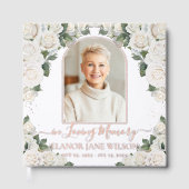 シックなホワイトローゼメモリアル葬儀バラ金ゴールド写真 ゲストブック (正面)