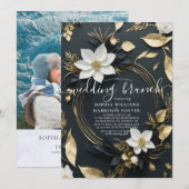 シックなホワイト金ゴールドフローラ結婚リースフォトズブランチ 招待状 (正面/裏面)