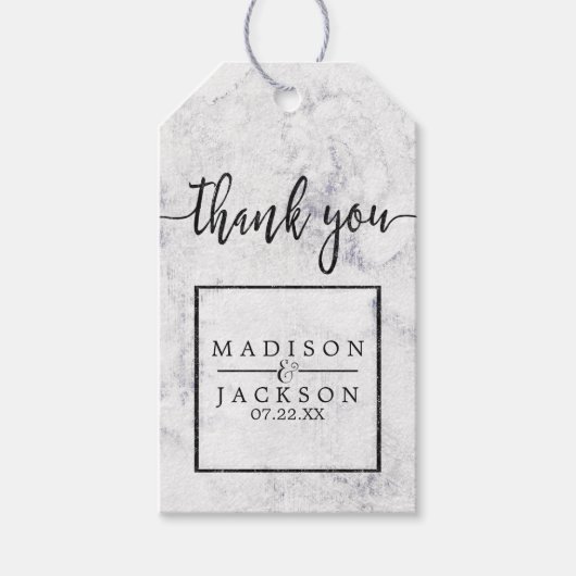 シックなホワイト&グレイ結婚マーブルズサンキュー ギフトタグ (正面)