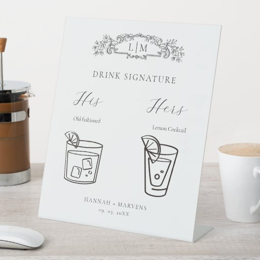 シックなボタニカルクレストシグネチャードリンク結婚のサイン 台座サイン (インサイチュ)