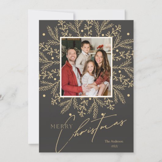 シックなボタニカルフレームフォトとメリークリスマス シーズンカード (正面)