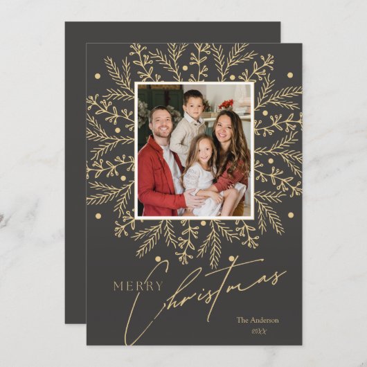 シックなボタニカルフレームフォトとメリークリスマス シーズンカード (正面/裏面)