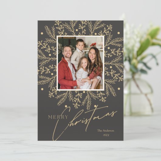 シックなボタニカルフレームフォトとメリークリスマス シーズンカード (スタンド正面)