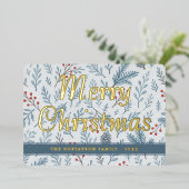 シックなボタニカルホリーベリーフローラルパターン金ゴールド 箔シーズンカード (立ち正面)