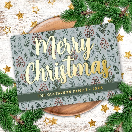 シックなボタニカルホリーベリーフローラルパターン金ゴールド 箔シーズンカード