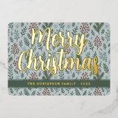 シックなボタニカルホリーベリーフローラルパターン金ゴールド 箔シーズンカード (正面)