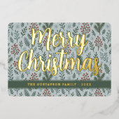 シックなボタニカルホリーベリーフローラルパターン金ゴールド 箔シーズンカード (正面)