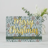 シックなボタニカルホリーベリーフローラルパターン金ゴールド 箔シーズンカード (立ち正面)