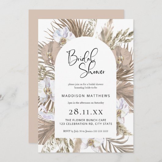 シックなボヘミアンパームアーチ:完璧なピンクシャワー 招待状 (正面/裏面)