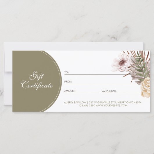 シックなボヘミアン水の色の花模様ギフト証明書 (裏面)