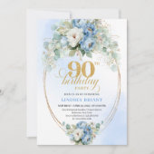 シックなボヘミアン風ブルーの花柄 90歳の誕生日招待状 招待状 (正面)