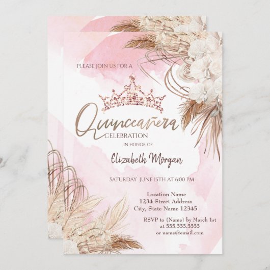 シックなボホの花,王冠,水彩キンセアニラ 招待状 (正面/裏面)