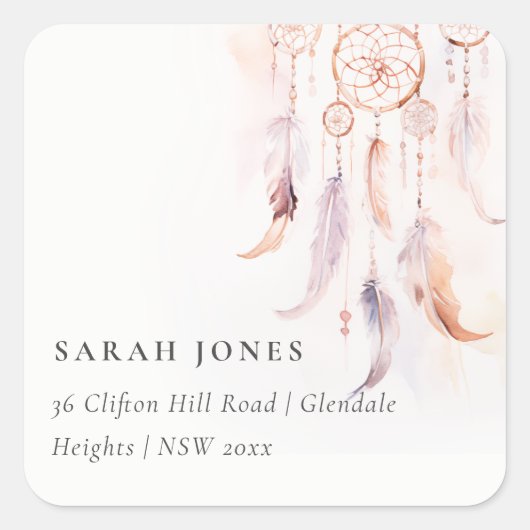 シックなボホフェザードリームキャッチャー水彩アドレス スクエアシール (正面)