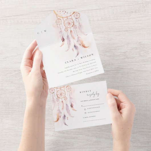 シックなボホフェザードリームキャッチャー結婚の水色 オールインワン招待状 (貼ってはがせる)