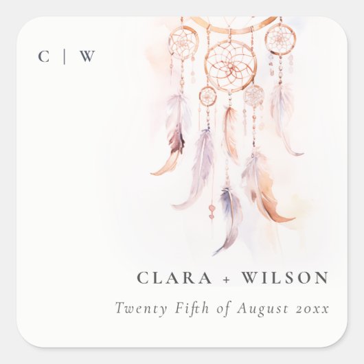 シックなボホフェザードリームキャッチャー結婚の水色 スクエアシール (正面)