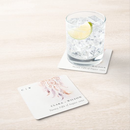 シックなボホフェザードリームキャッチャー結婚の水色 スクエアペーパーコースター (インサイチュ)