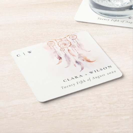 シックなボホフェザードリームキャッチャー結婚の水色 スクエアペーパーコースター (アングル)