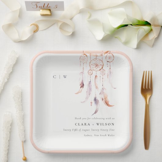 シックなボホフェザードリームキャッチャー結婚の水色 ペーパープレート (ウェディング)