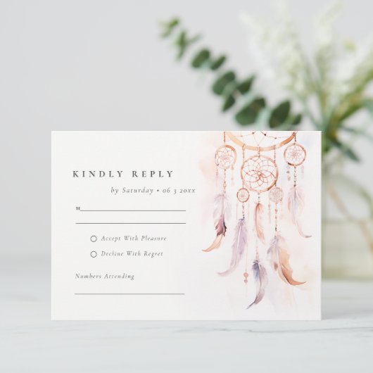 シックなボホフェザードリームキャッチャー結婚の水色 出欠カード (スタンド正面)