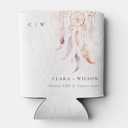 シックなボホフェザードリームキャッチャー結婚の水色 缶クーラー (裏面)