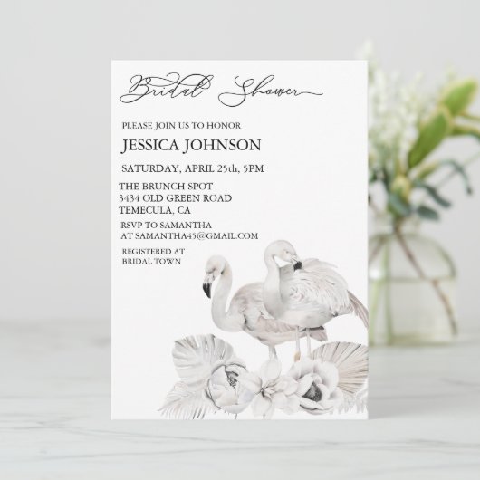 シックなボホブライダルシャワーホワイトフラミンゴトロピカル 招待状 (スタンド正面)