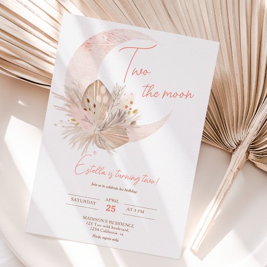 シックなボホラスティックパンパフローラムーン2歳の誕生日 招待状