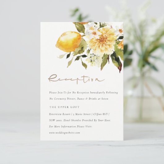 シックなボホレモンイエローフローラウェディングレセプション エンクロージャーカード (スタンド正面)