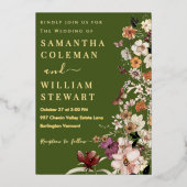 シックなボホワイルドフラワーモス素朴グリーン結婚ズ 箔招待状 (正面)