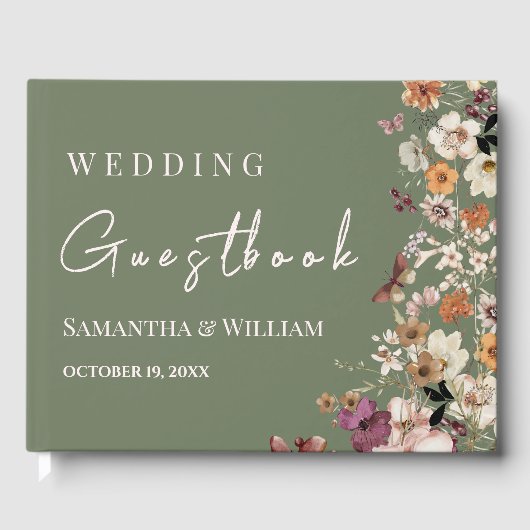 シックなボホワイルドフラワー素朴セージ緑結婚の緑 ゲストブック (正面)
