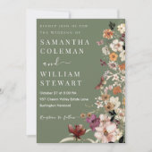 シックなボホワイルドフラワー素朴セージ緑結婚の緑 招待状 (正面)