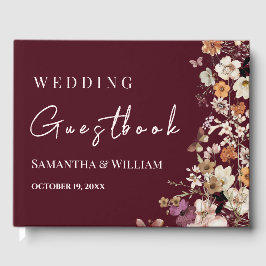 シックなボホワイルドフラワー素朴ブルゴーニュ結婚ーズ ゲストブック