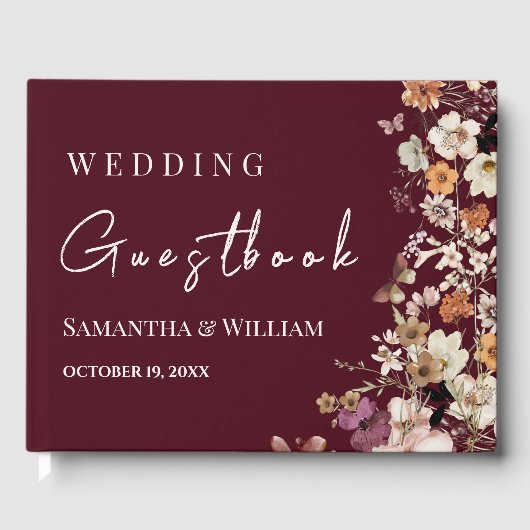 シックなボホワイルドフラワー素朴ブルゴーニュ結婚ーズ ゲストブック (正面)