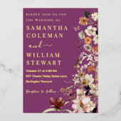 シックなボホワイルドフラワー素朴ベリーパープル結婚ズ 箔招待状 (正面)