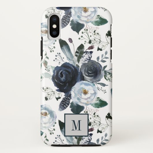 シックなボホ離れの花とブルーフラワーモノグラム Case-Mate iPhoneケース (裏面)