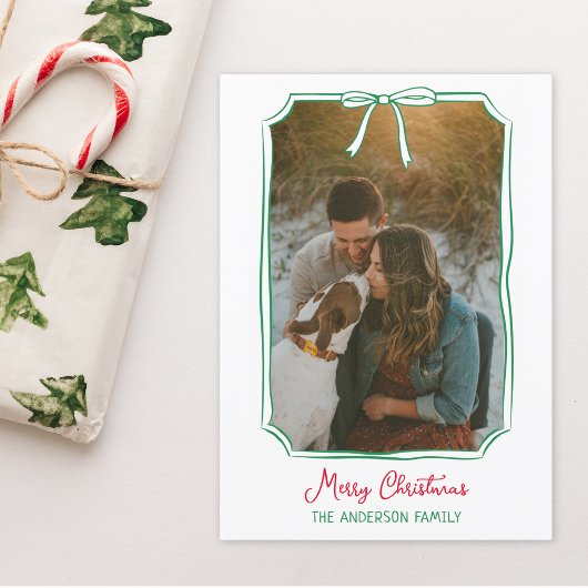 シックなボーカスタムウの家族の写真レッド&グリーンクリスマス シーズンカード