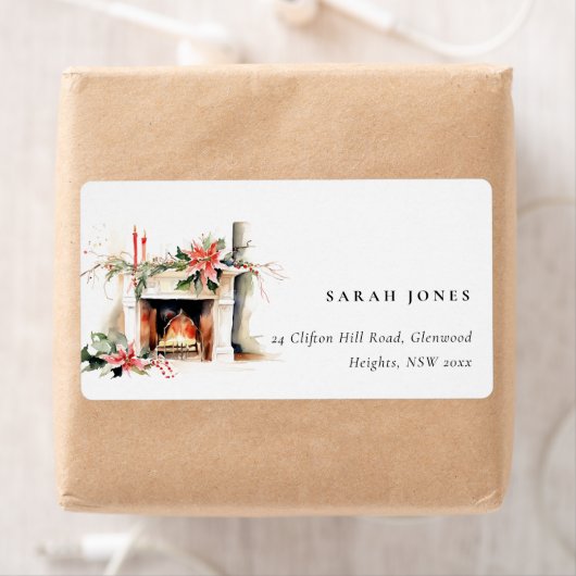 シックなポインセチア暖炉のクリスマスアドレス ラベル (インサイチュ)