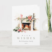 シックなポインセチア暖炉の暖かいクリスマスの願い シーズンカード (正面)