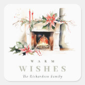 シックなポインセチア暖炉の暖かいクリスマスの願い スクエアシール (正面)